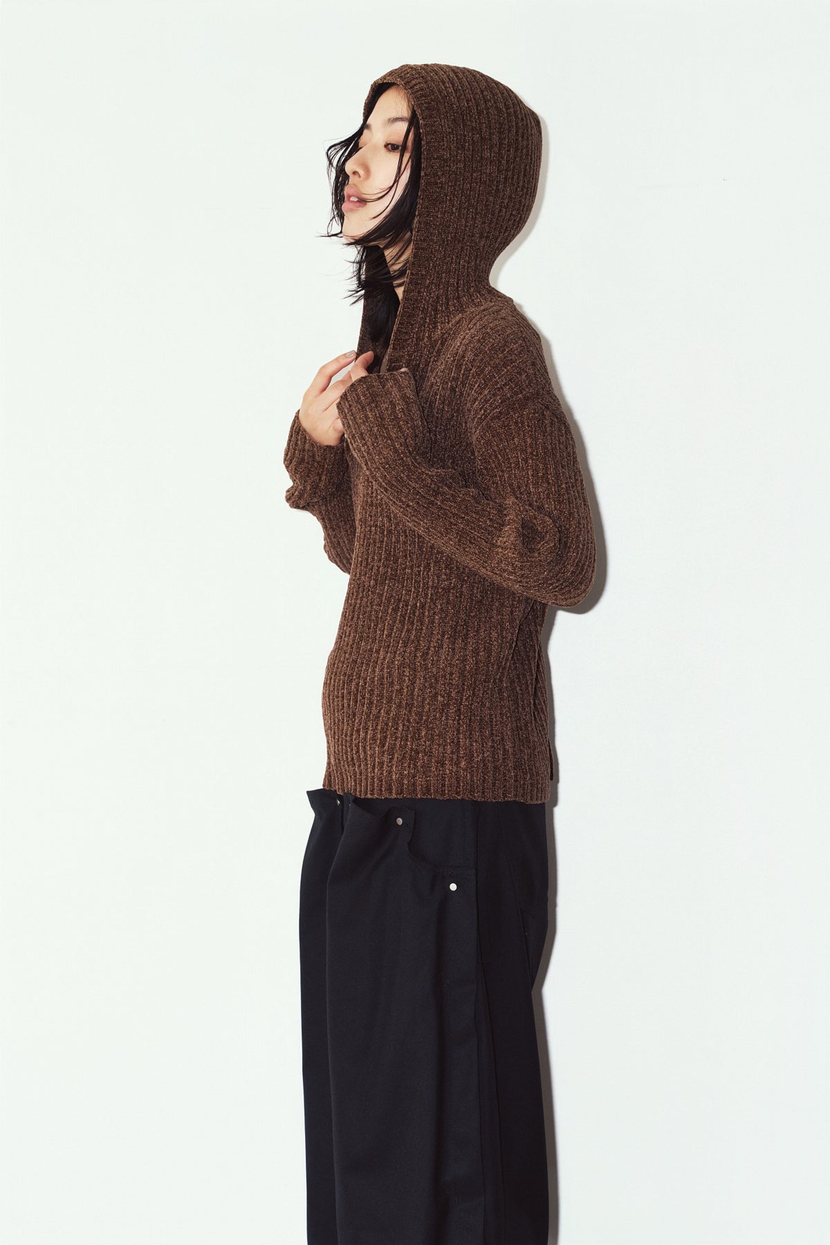 rib hoodie boucle knit/brown