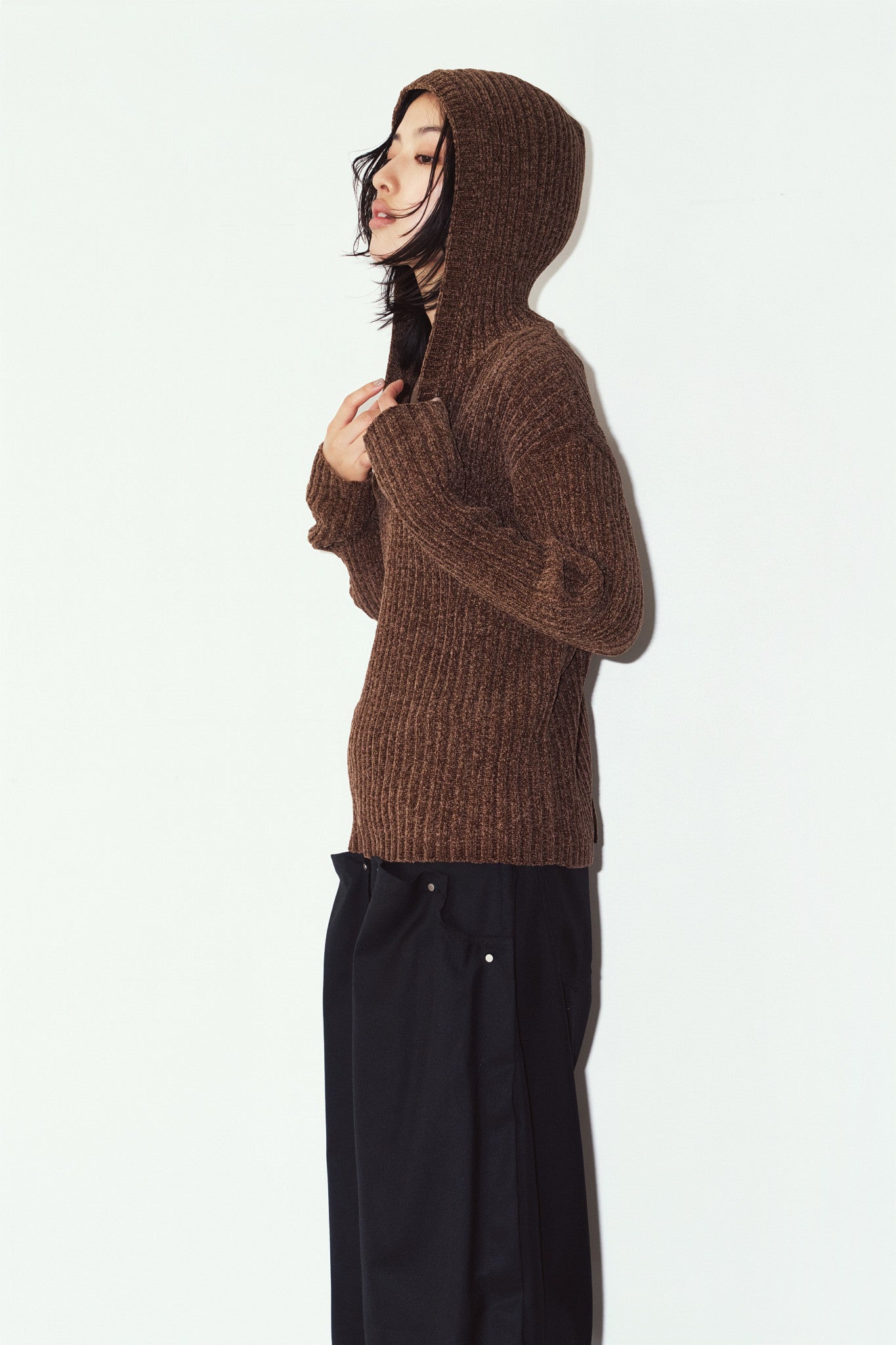 rib hoodie boucle knit/brown