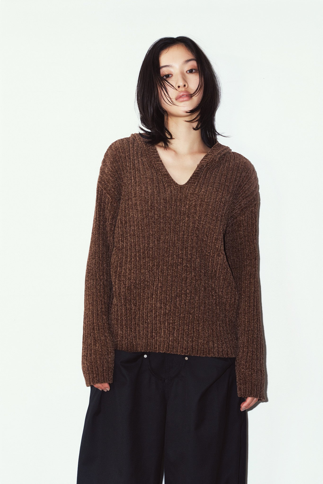 rib hoodie boucle knit/brown