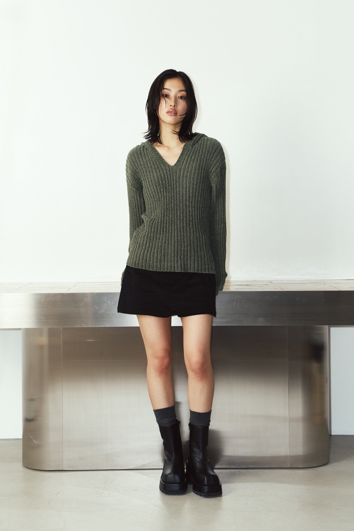 rib hoodie boucle knit/khaki