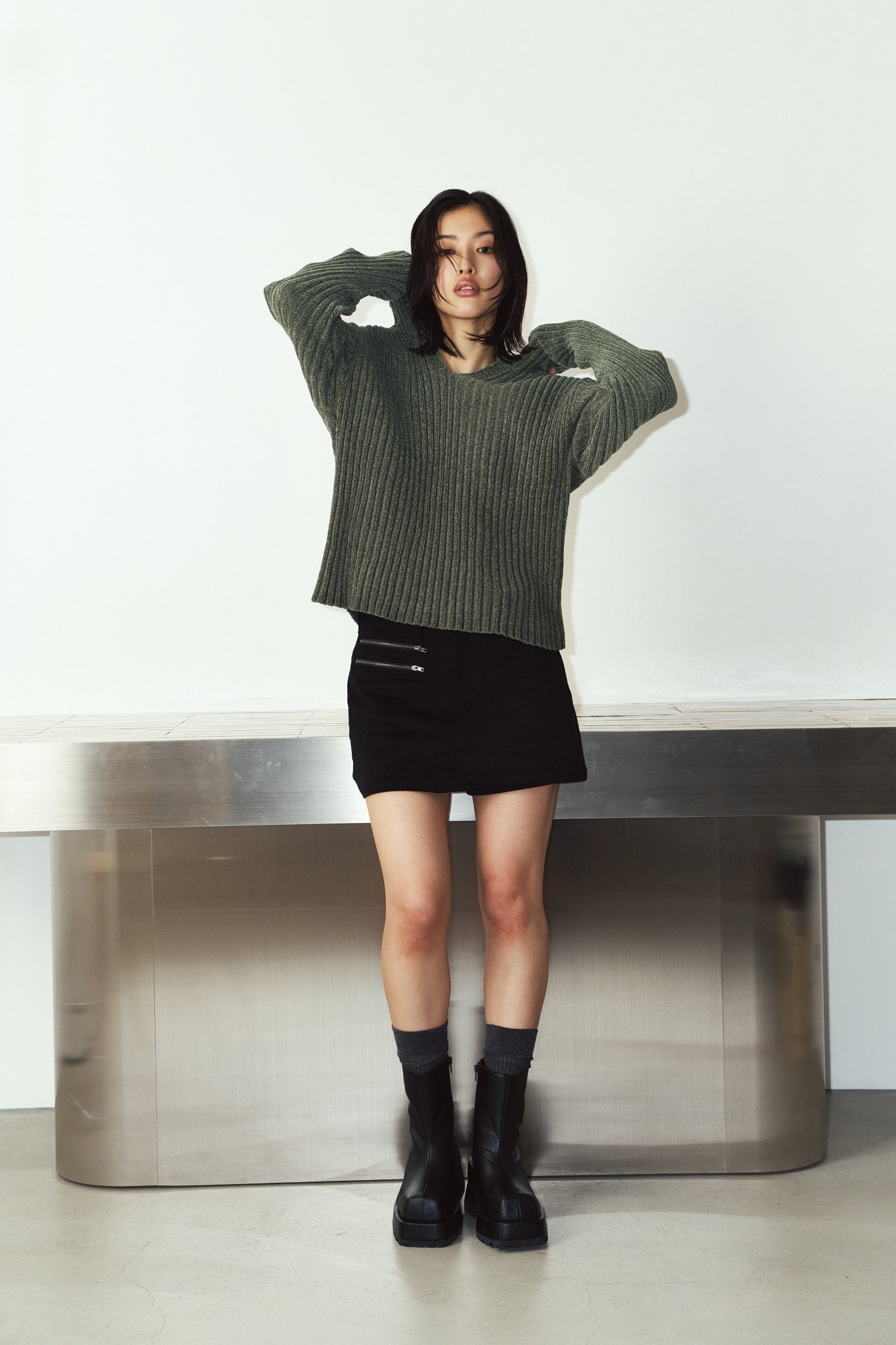 rib hoodie boucle knit/khaki