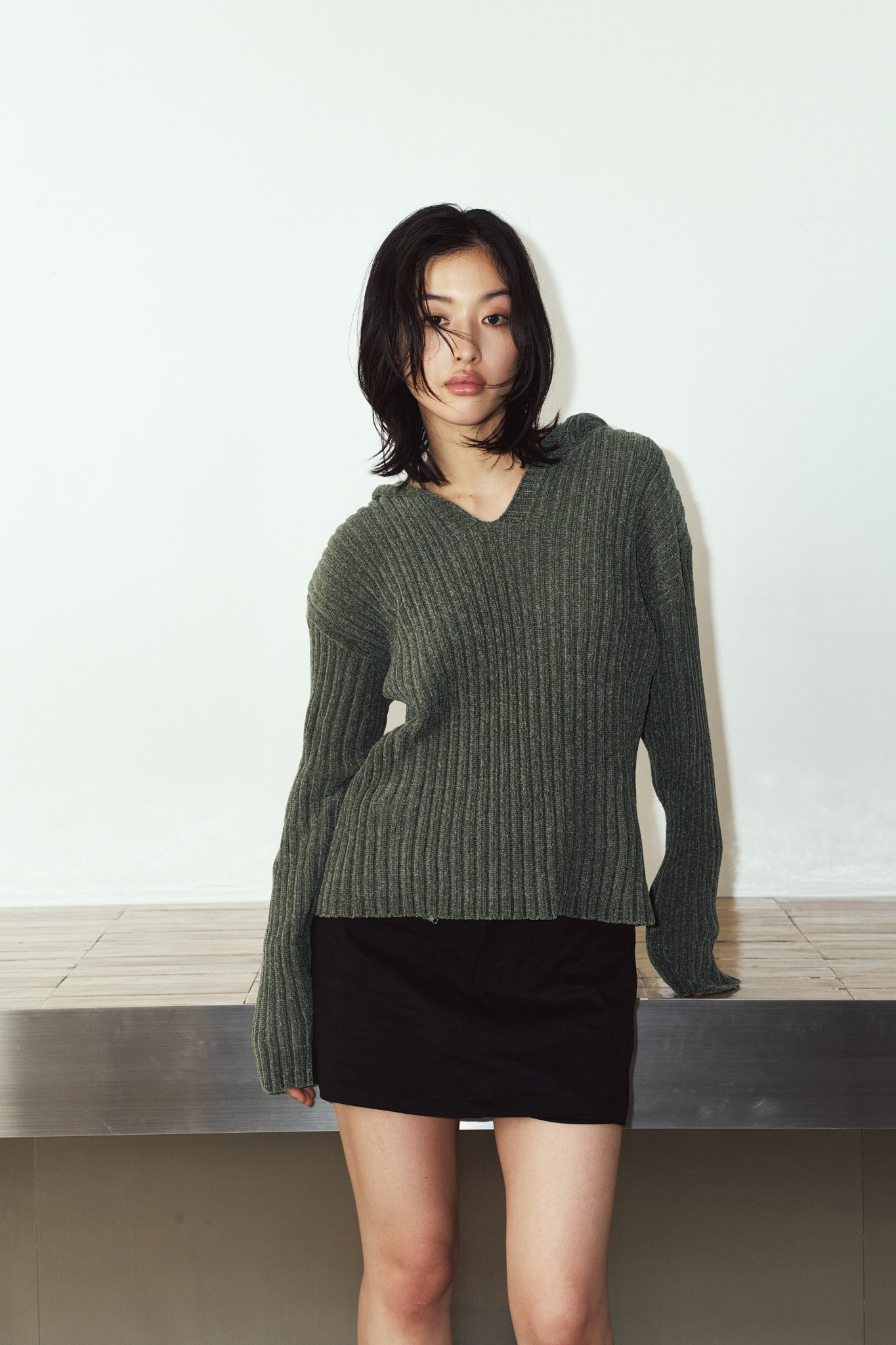rib hoodie boucle knit/khaki