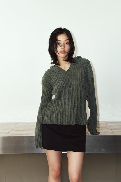 rib hoodie boucle knit/khaki