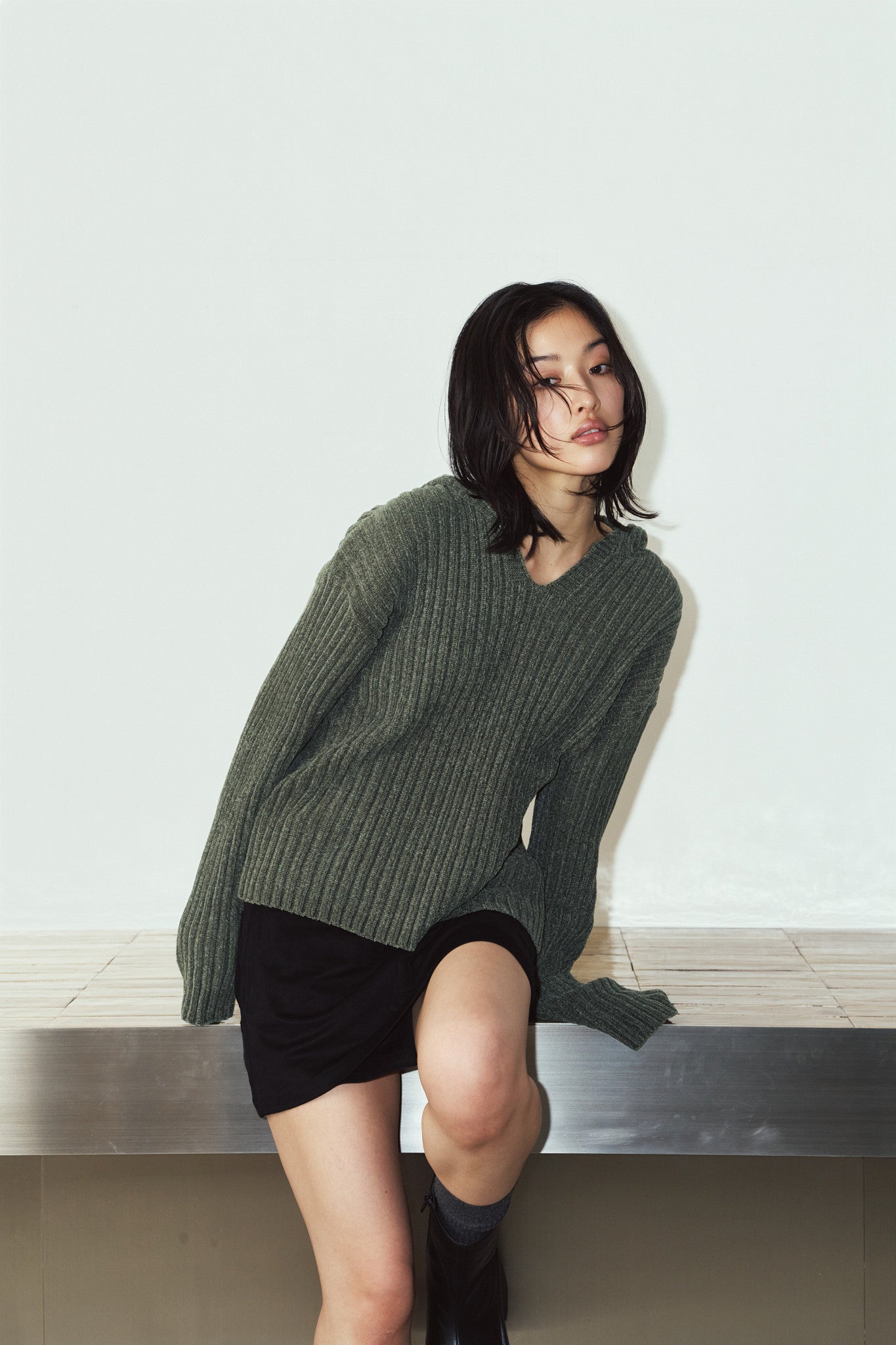 rib hoodie boucle knit/khaki