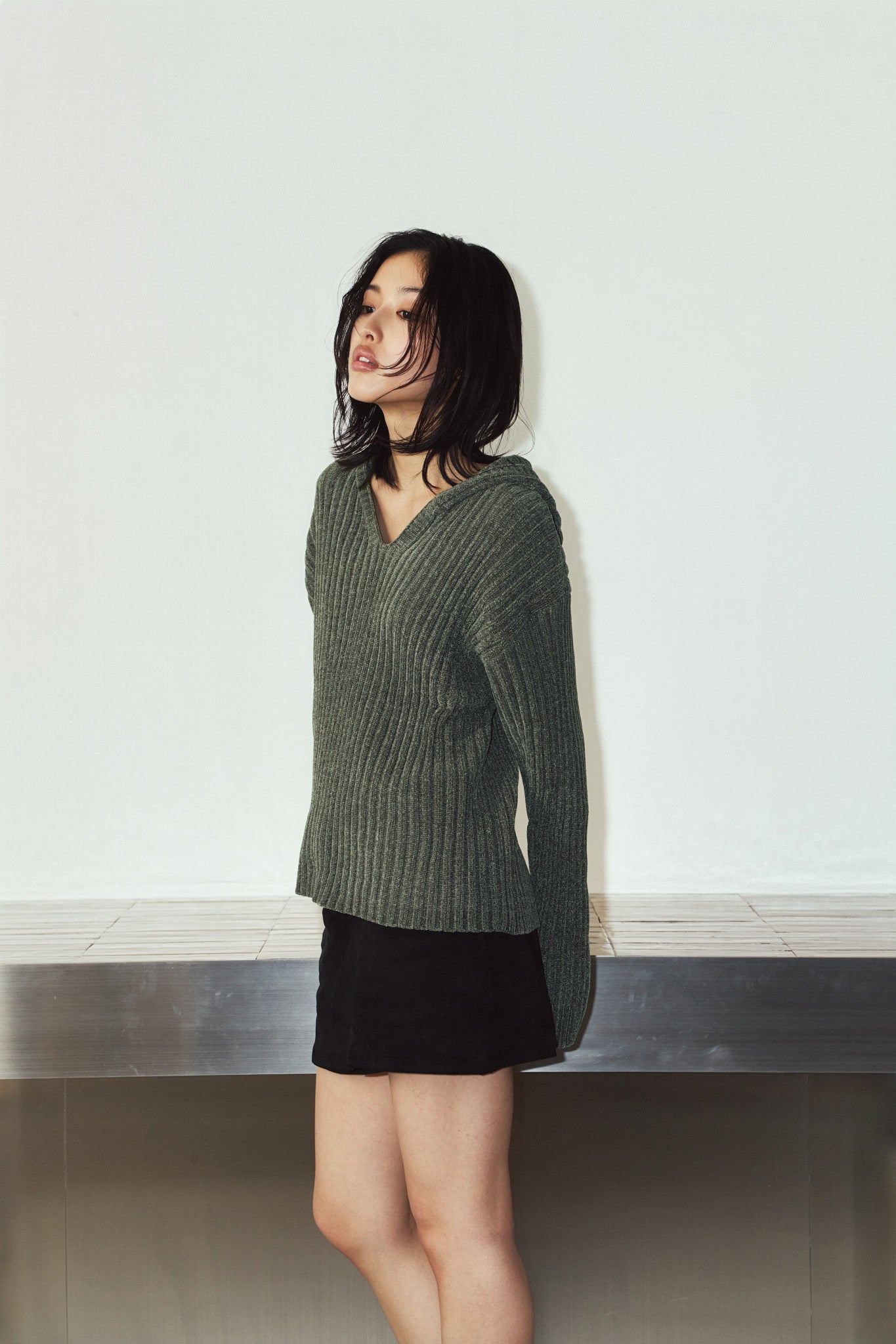 rib hoodie boucle knit/khaki