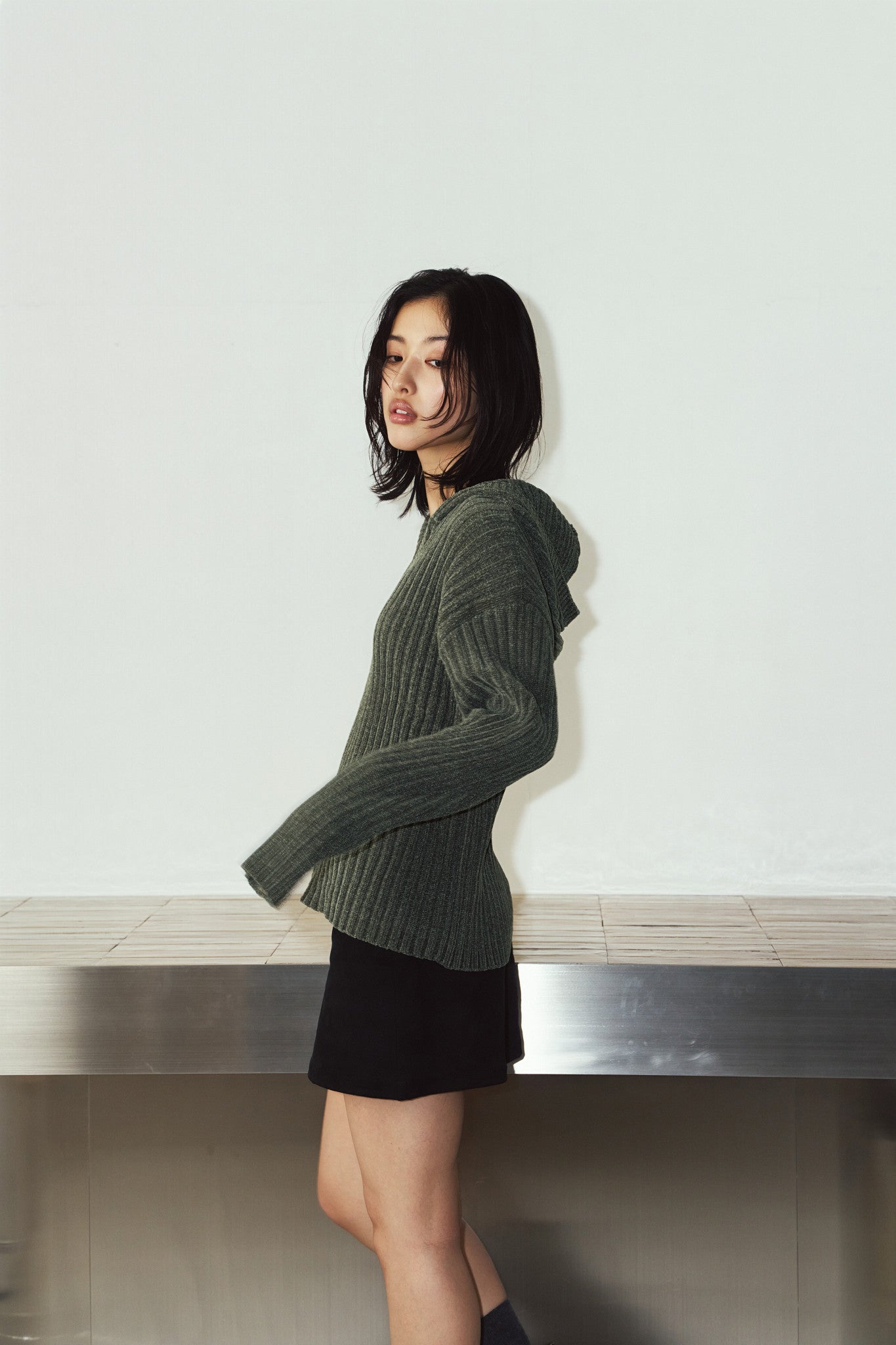 rib hoodie boucle knit/khaki