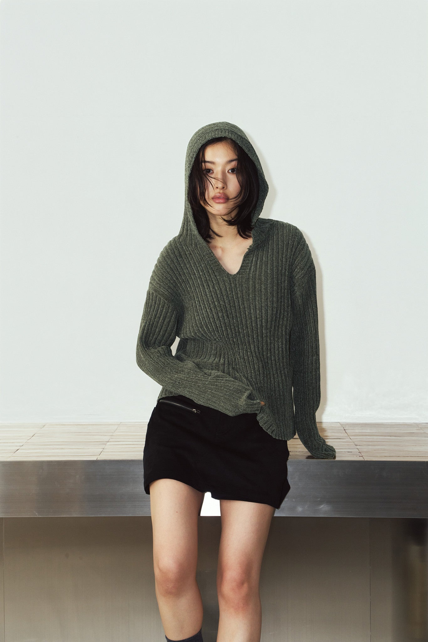 rib hoodie boucle knit/khaki