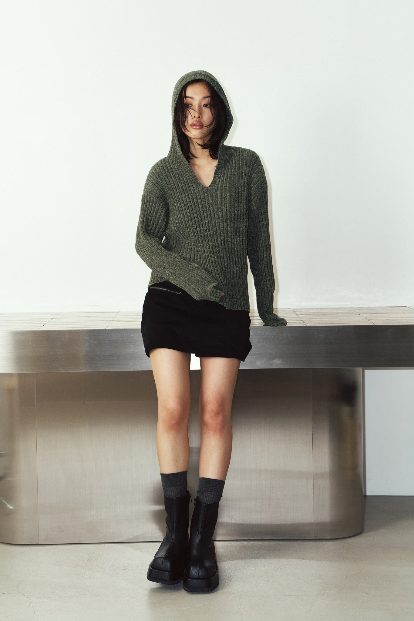 rib hoodie boucle knit/khaki