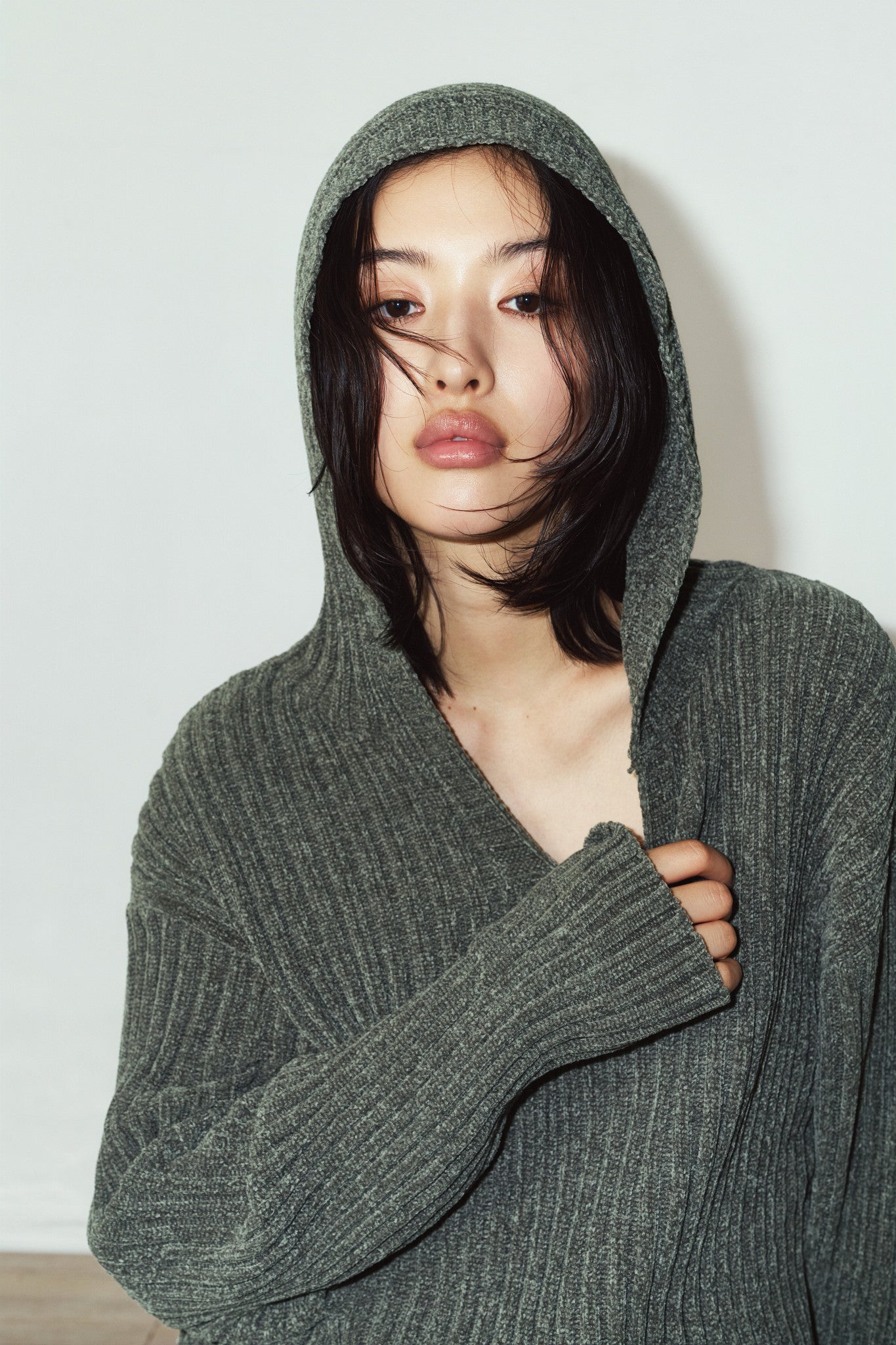 rib hoodie boucle knit/khaki