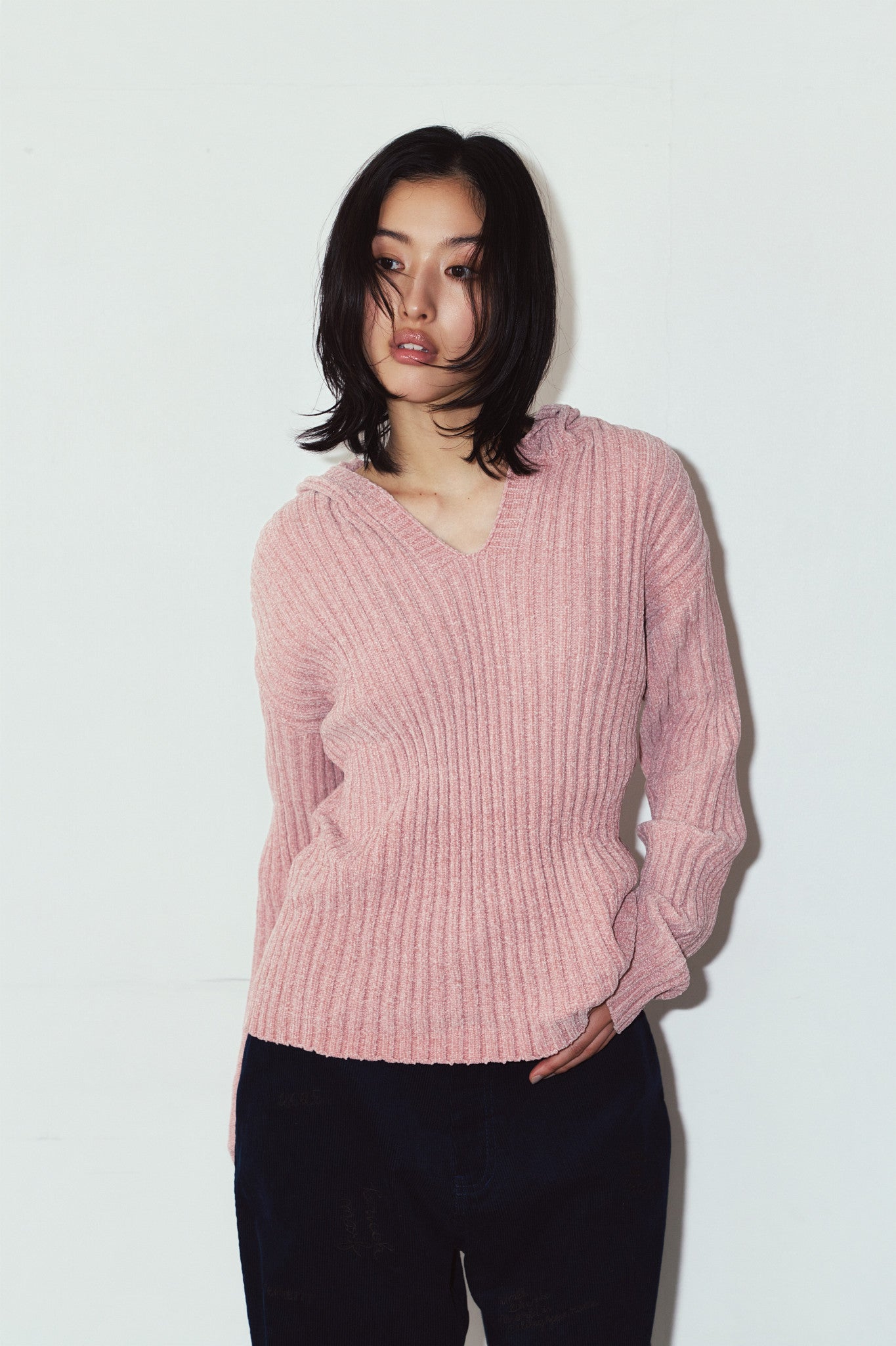 rib hoodie boucle knit/pink