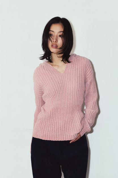 rib hoodie boucle knit/pink