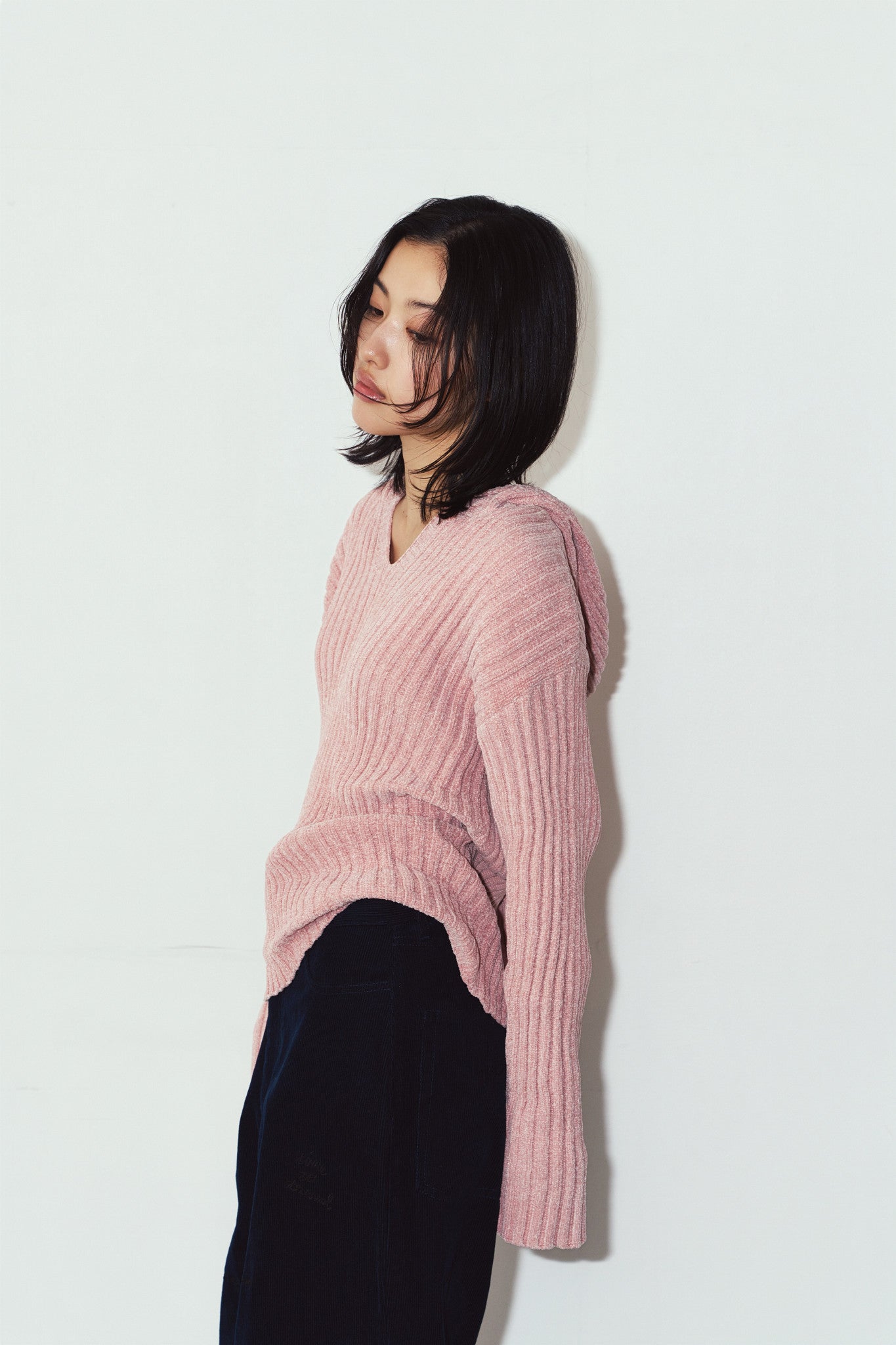 rib hoodie boucle knit/pink