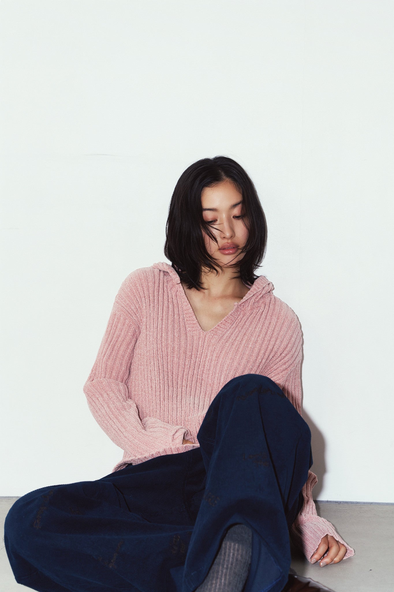 rib hoodie boucle knit/pink