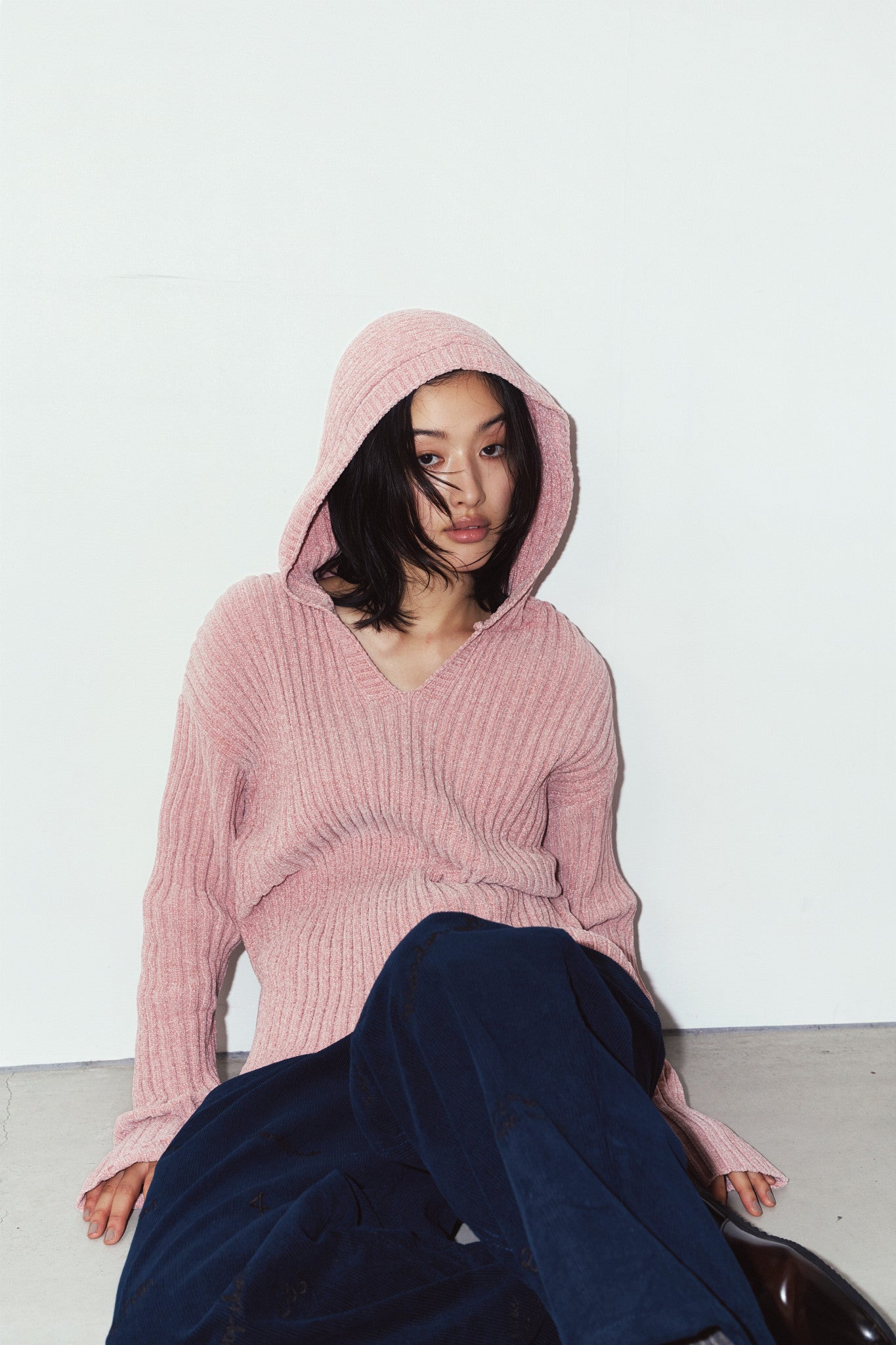 rib hoodie boucle knit/pink