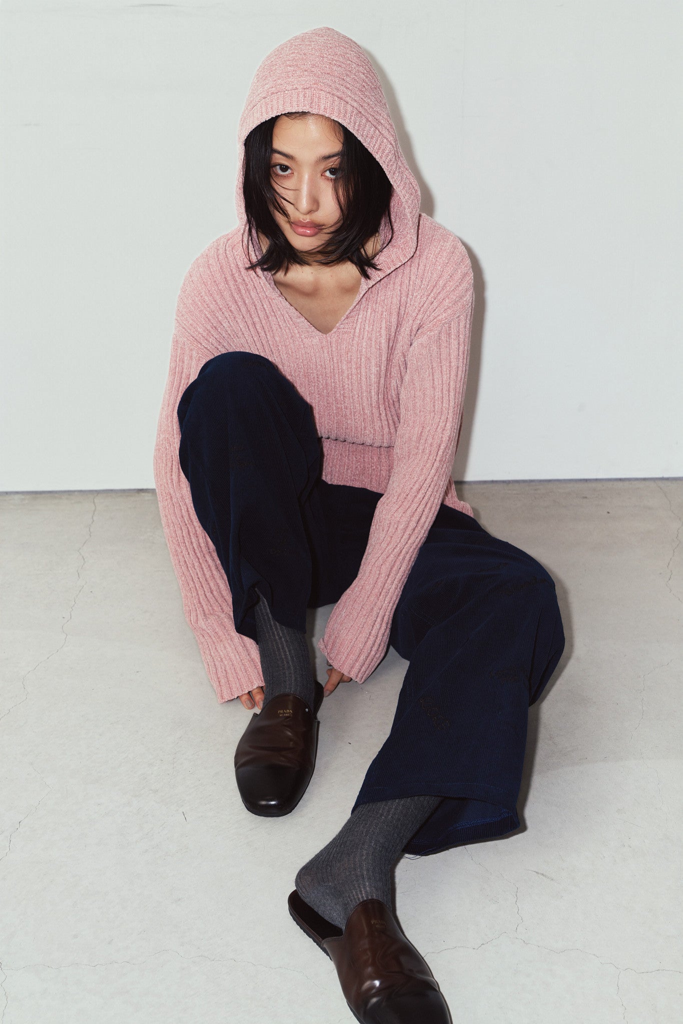 rib hoodie boucle knit/pink
