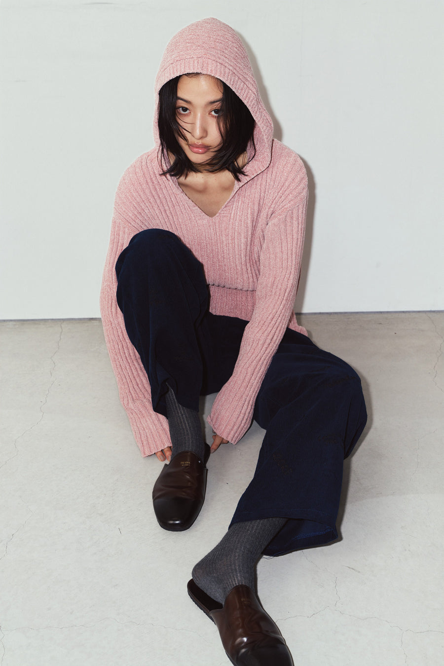 rib hoodie boucle knit/pink