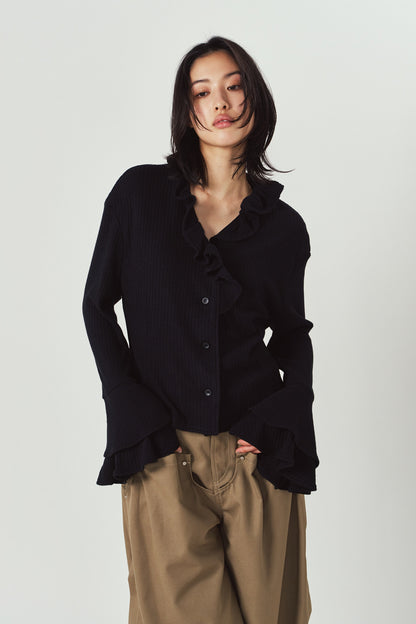 drop shoulder frill knit/black