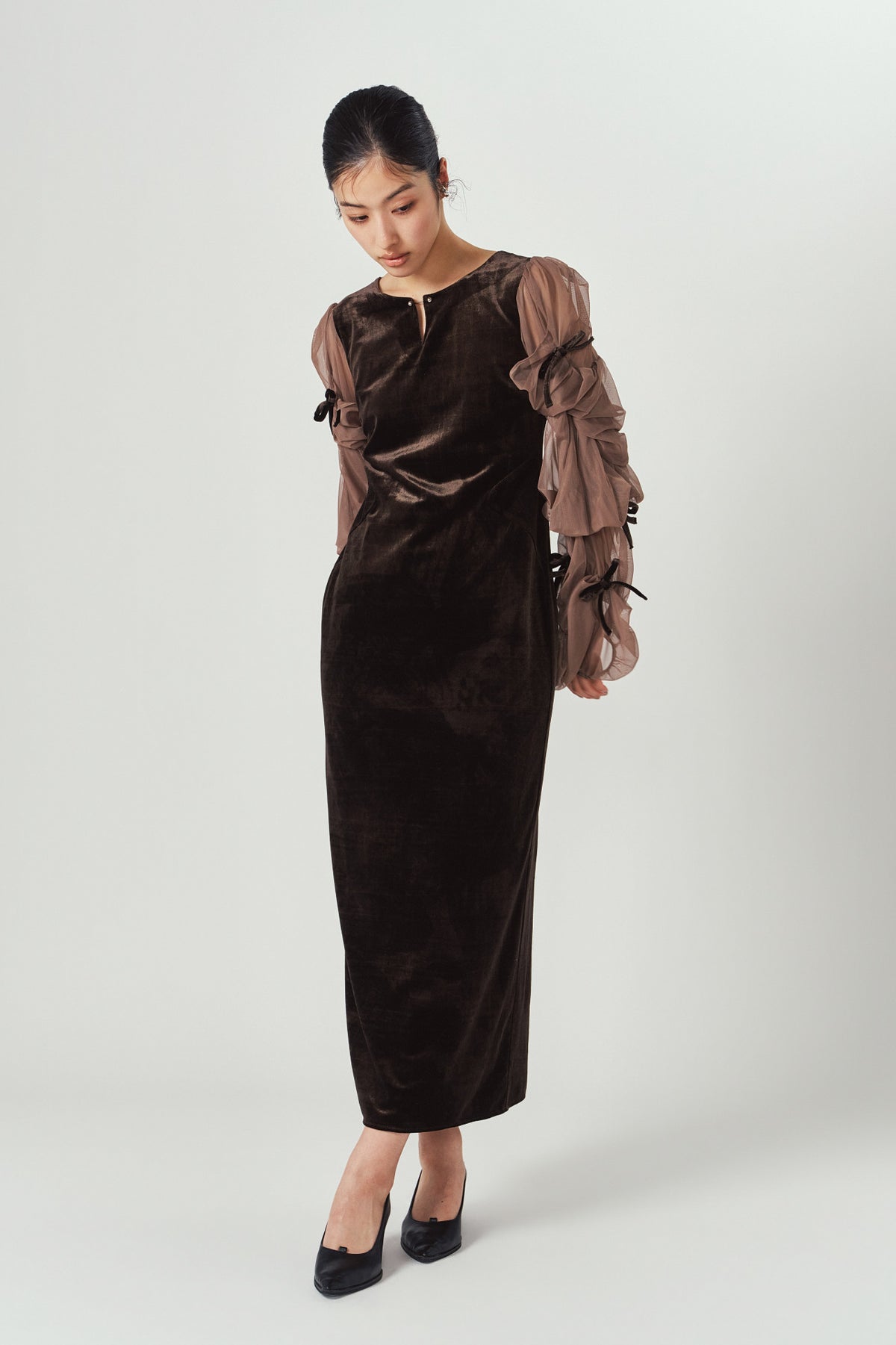 draped tulle dress/brown