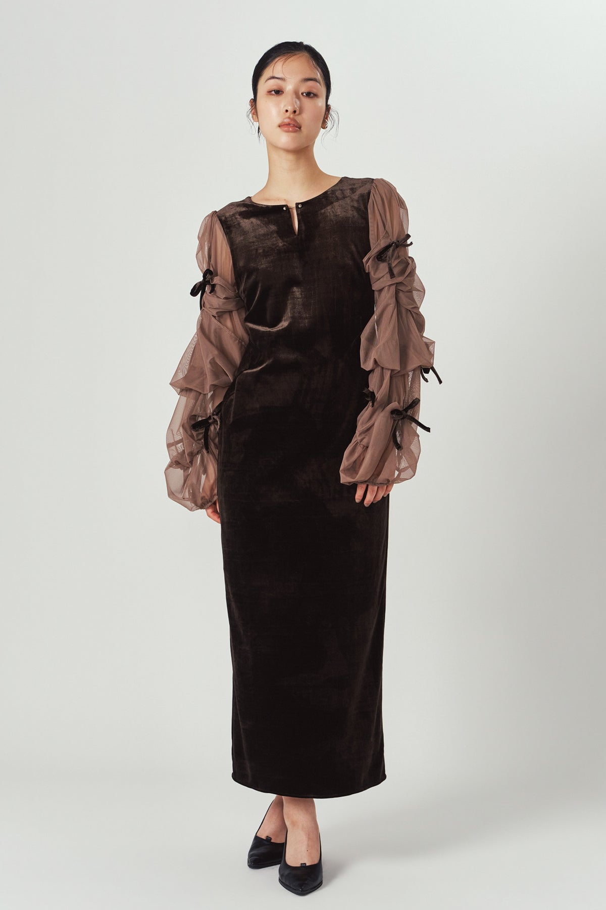 draped tulle dress/brown
