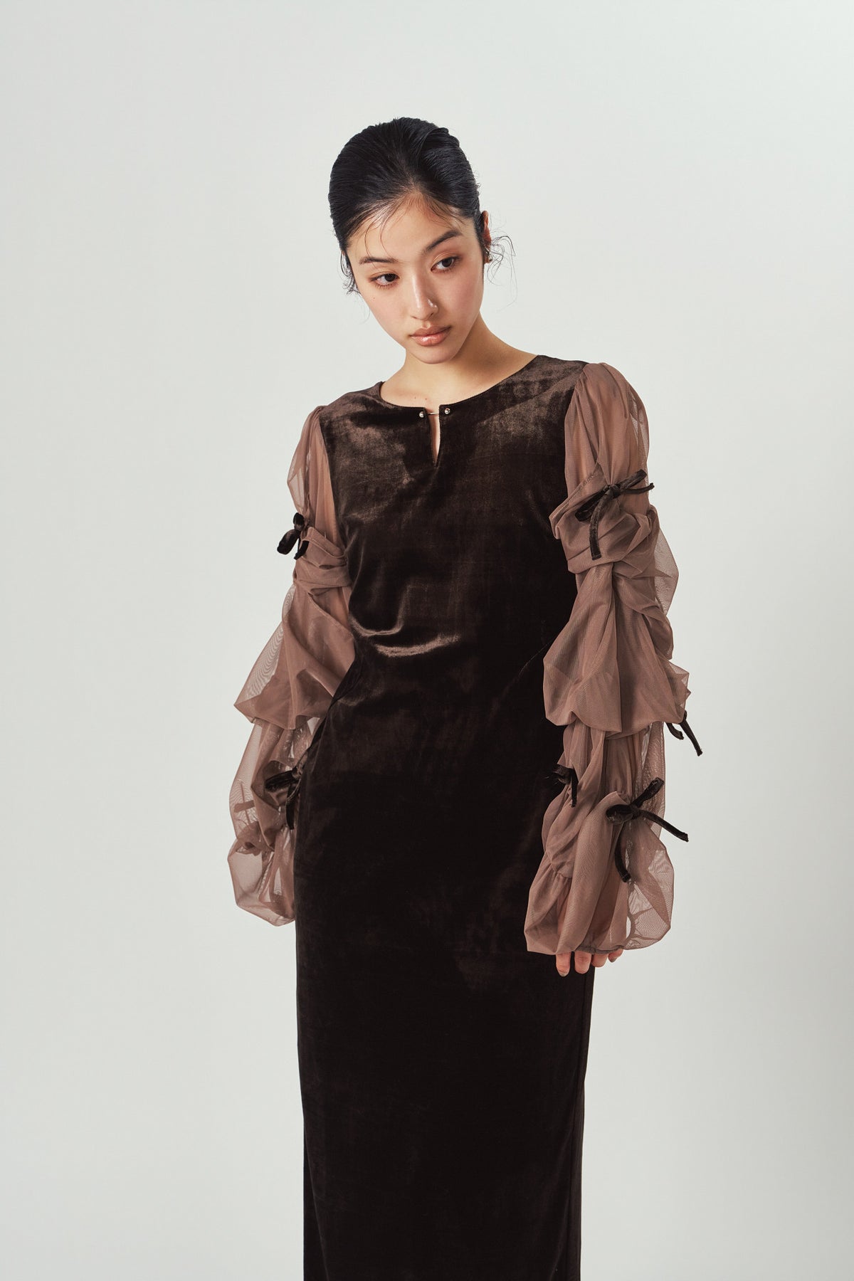 draped tulle dress/brown