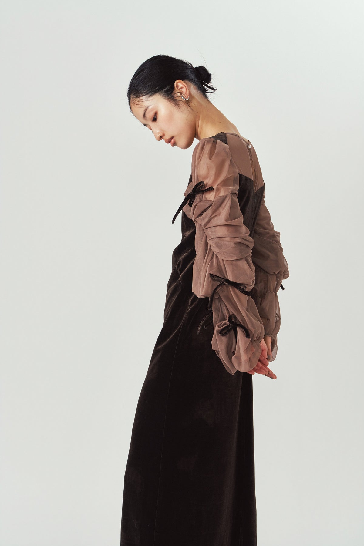 draped tulle dress/brown