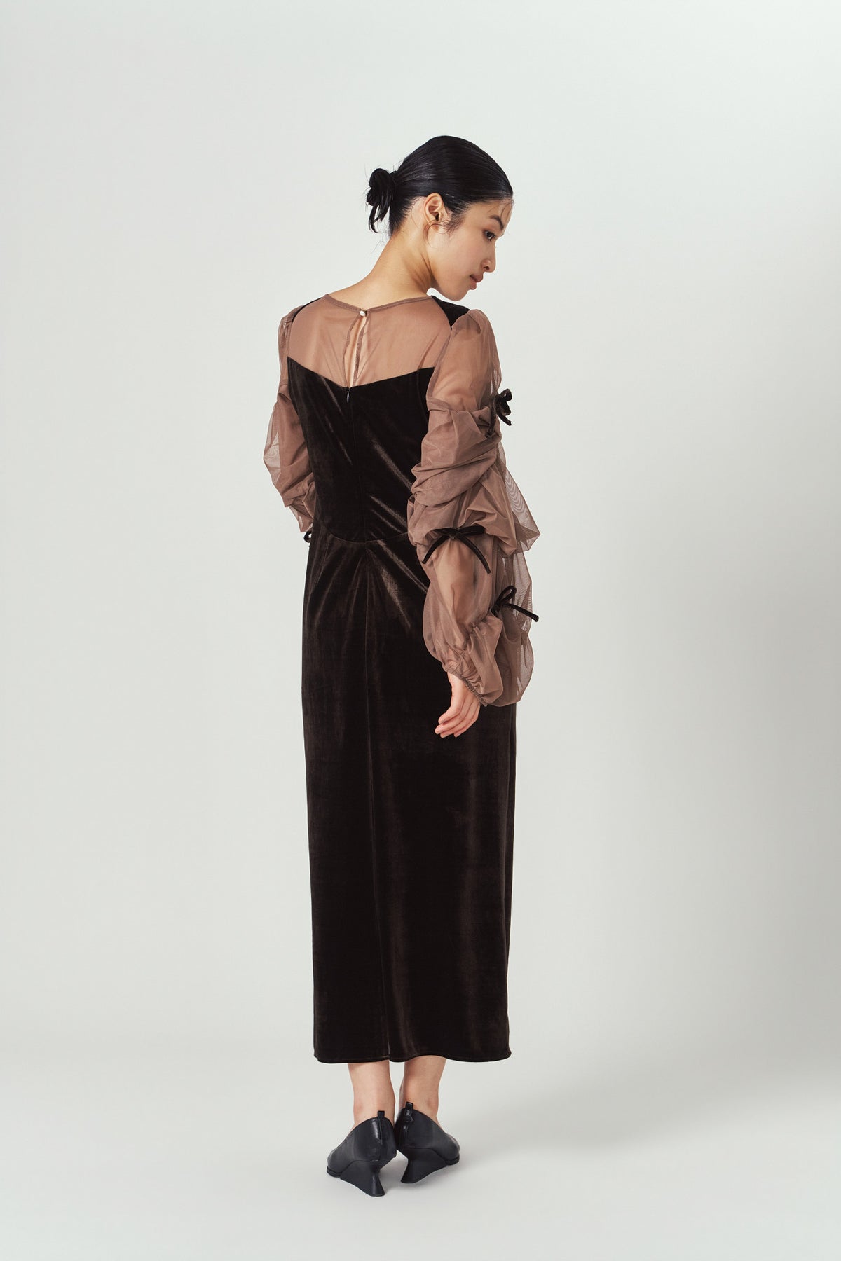 draped tulle dress/brown