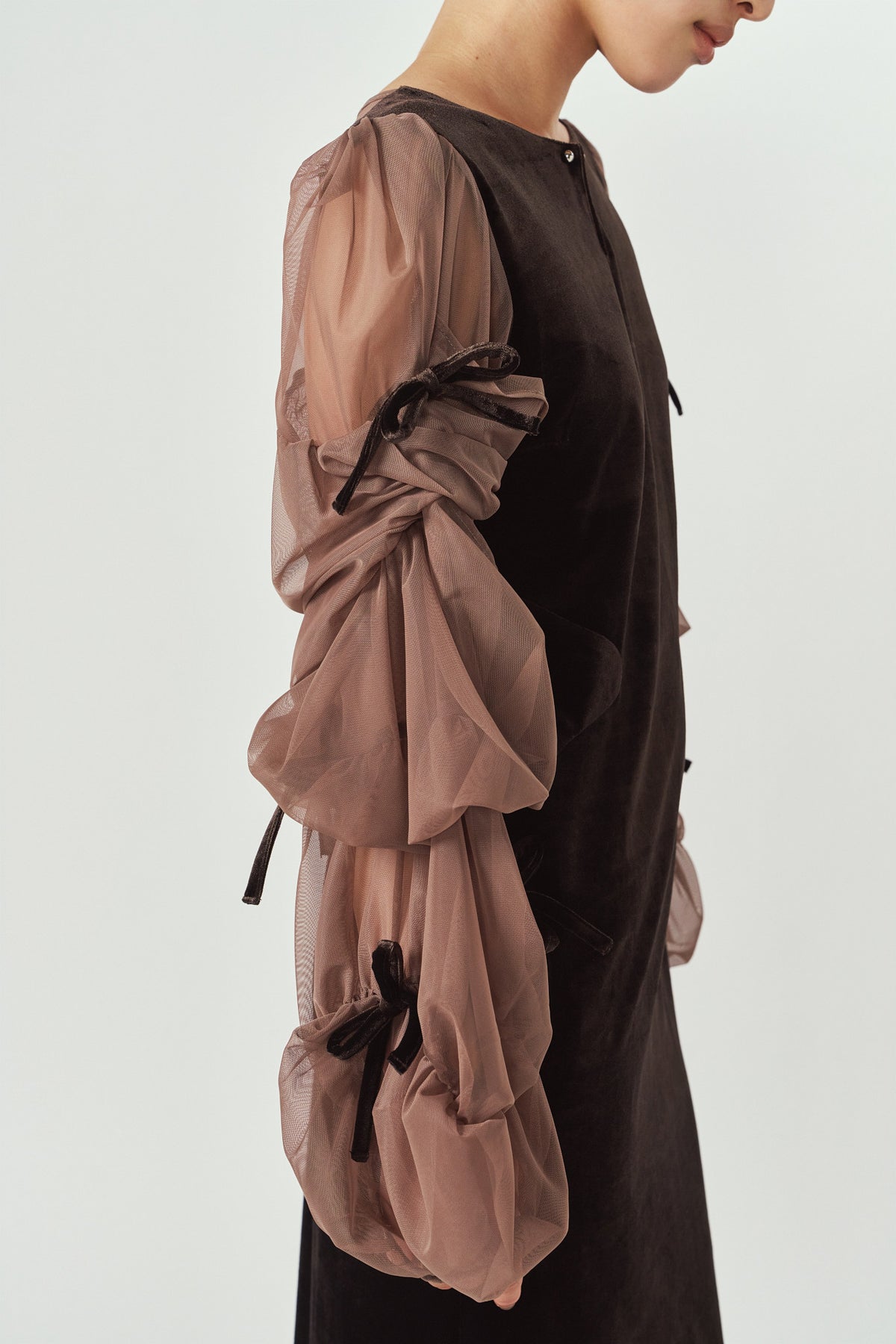 draped tulle dress/brown
