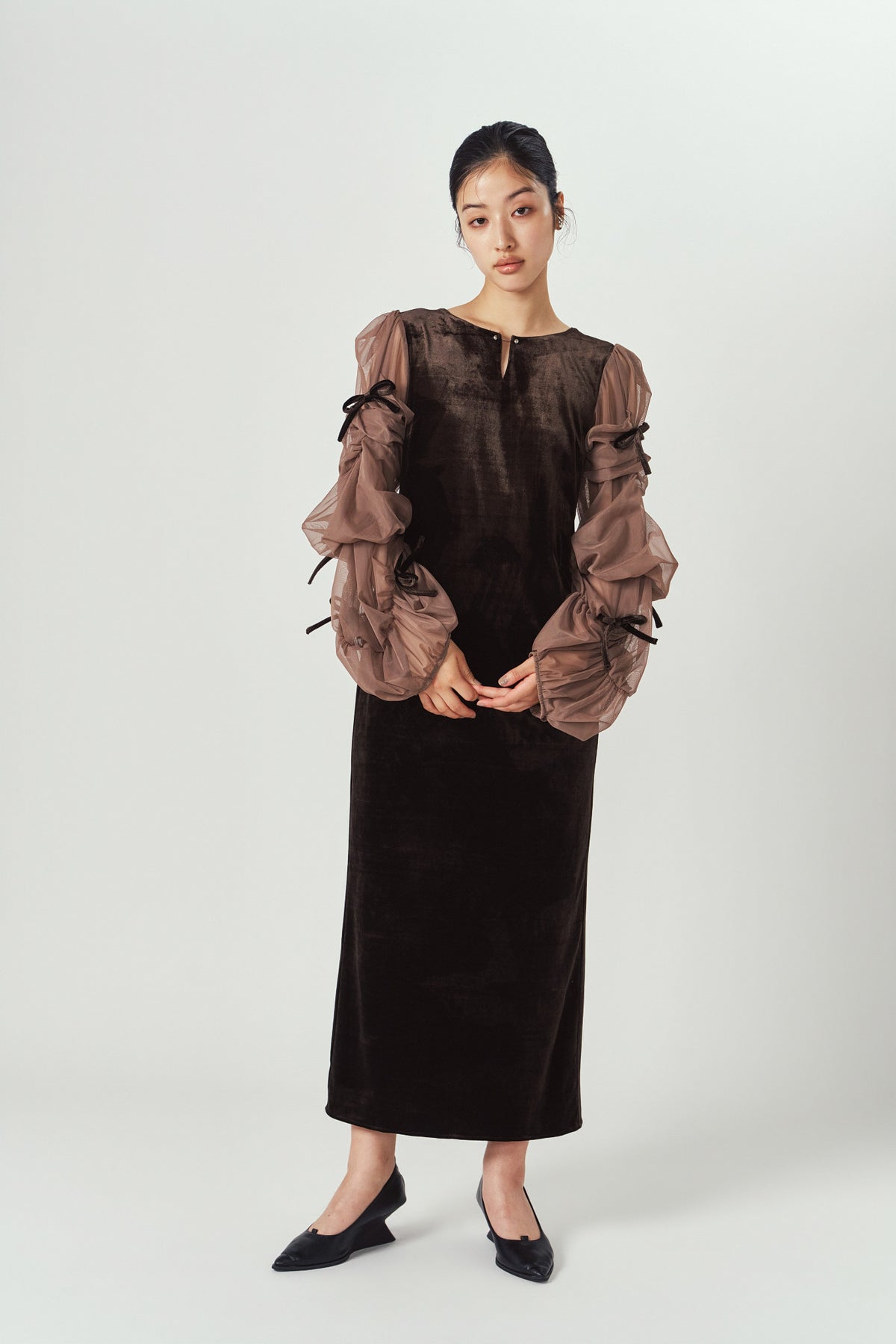 draped tulle dress/brown