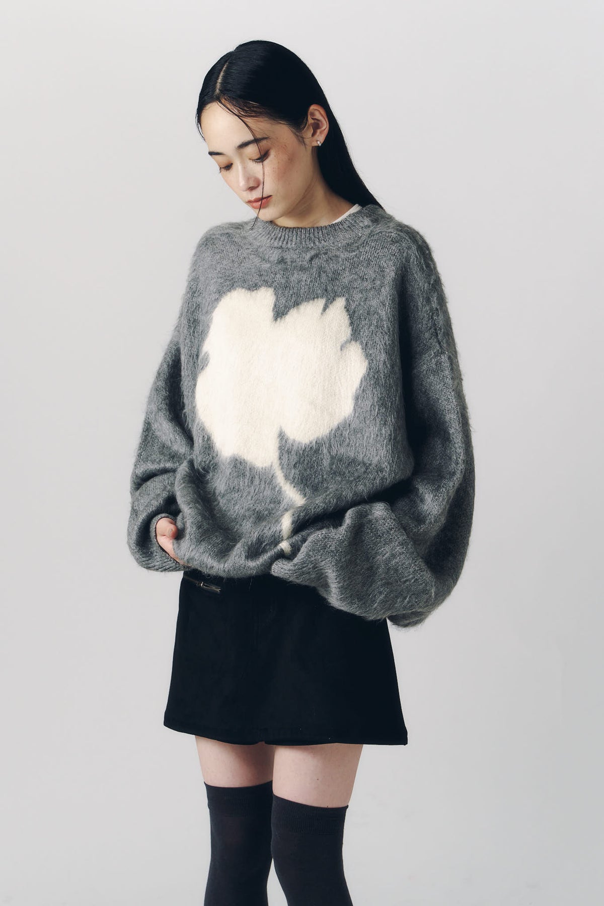 2way shaggy flower knit(unisex)/gray