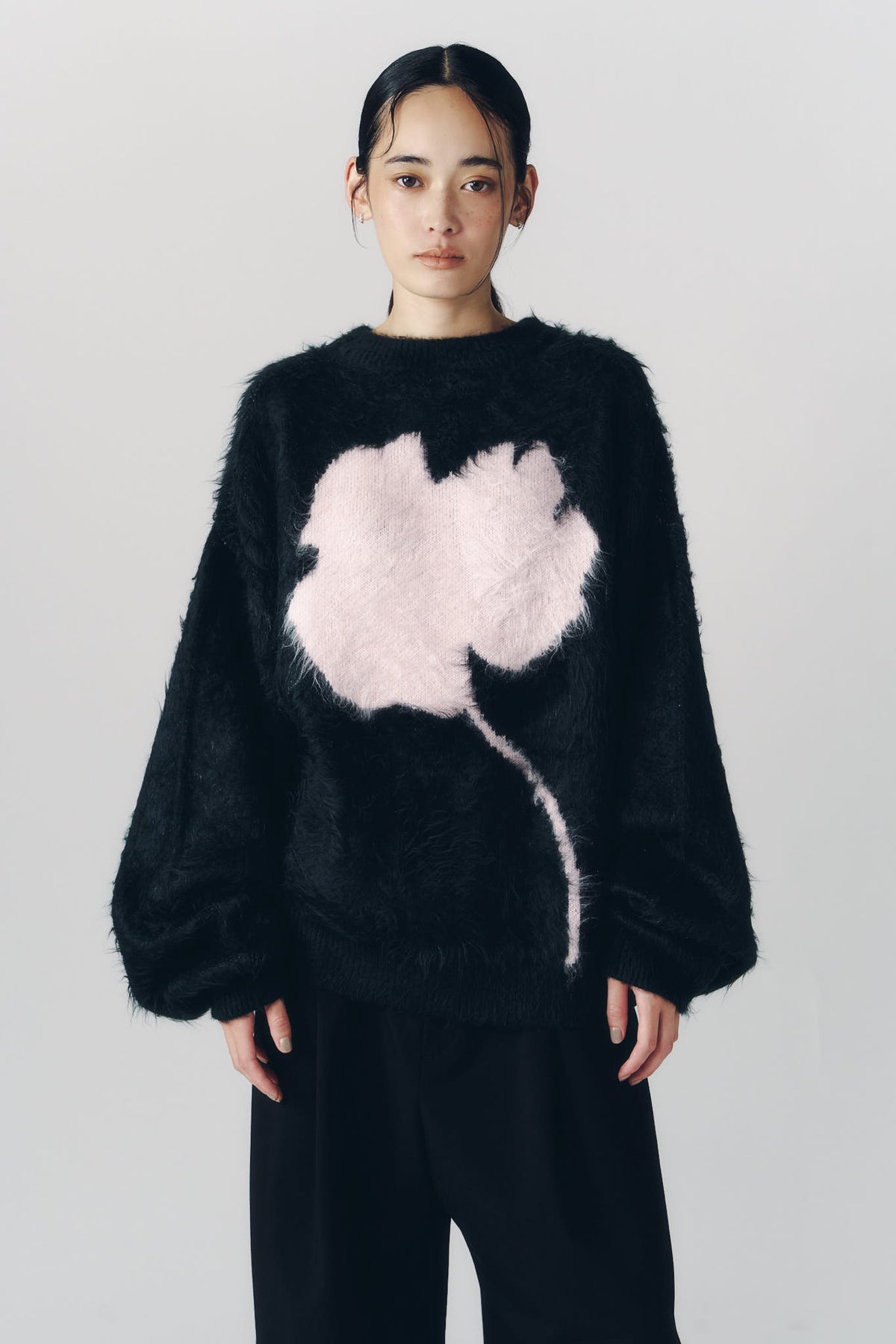 2way shaggy flower knit(unisex)/black