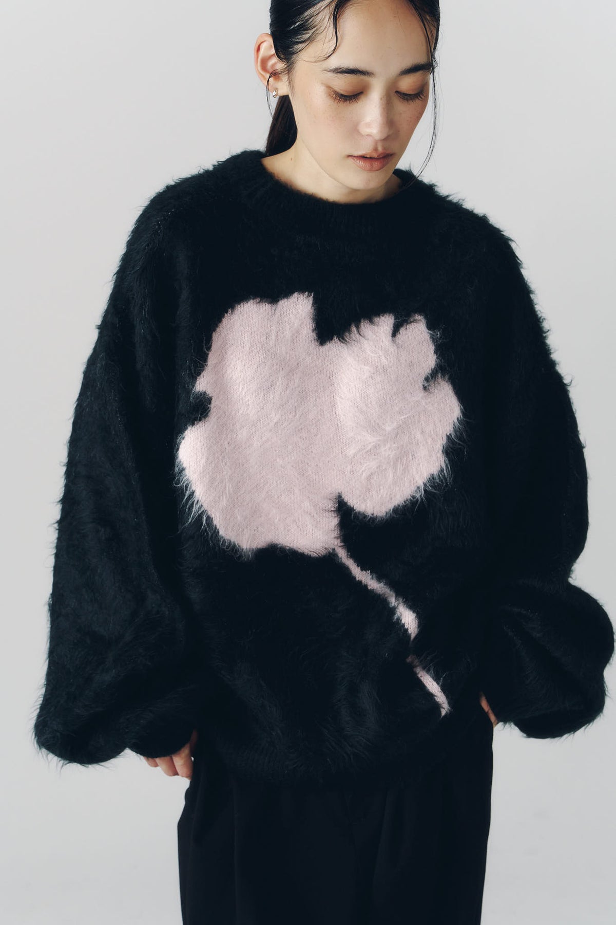 2way shaggy flower knit(unisex)/black