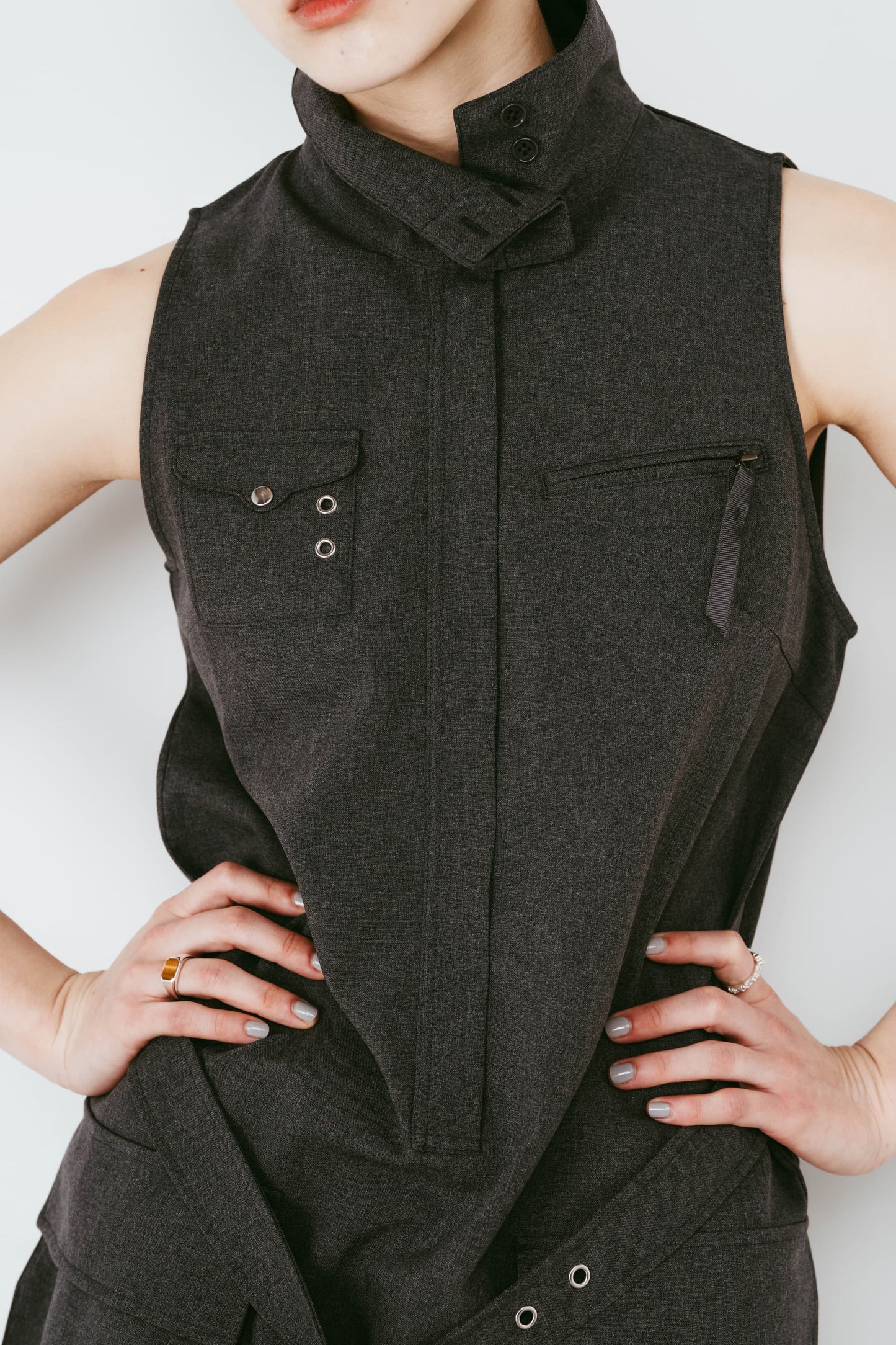 stand neck mini dress/gray