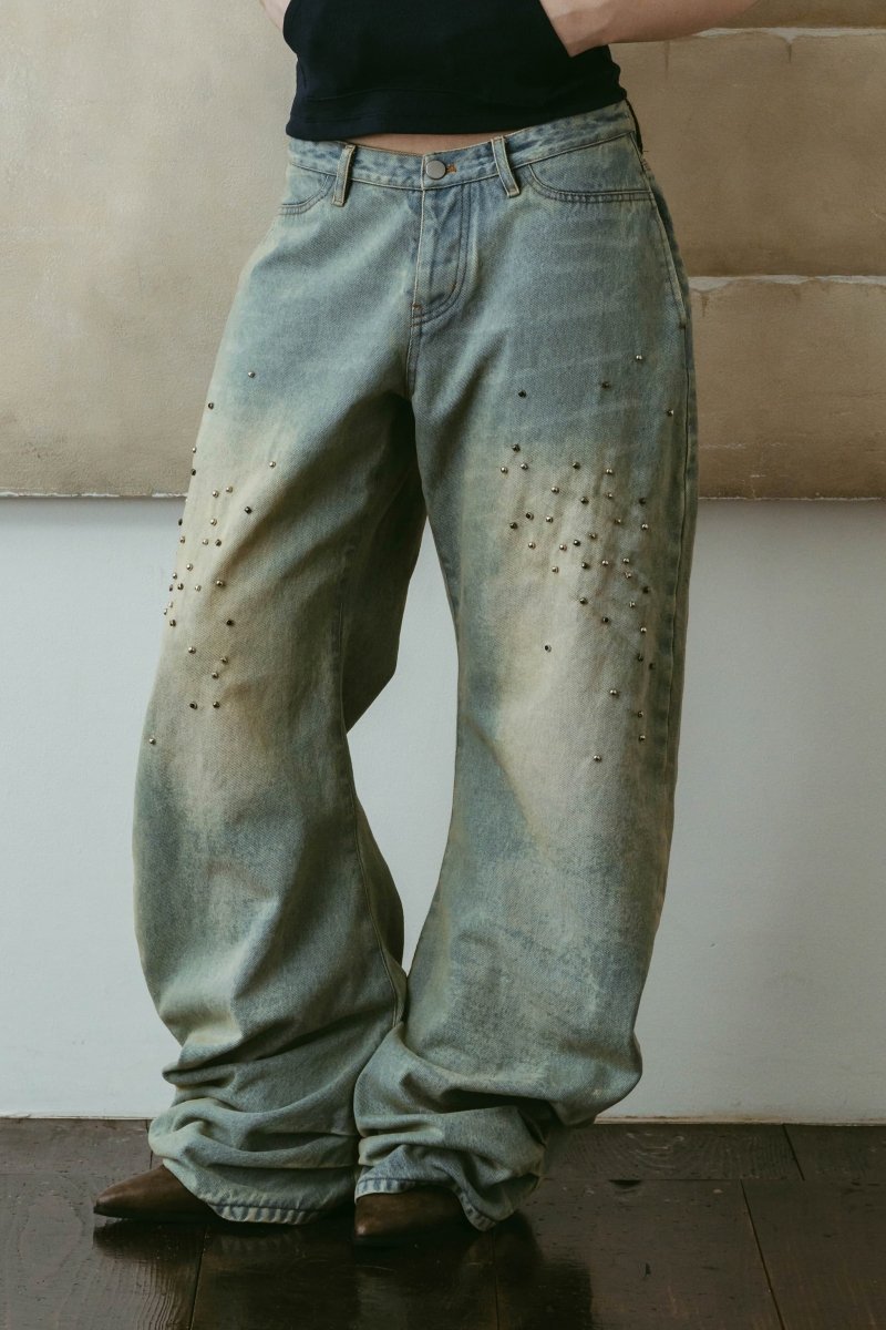 studded draped denim pants(unisex)/blue(studded) - KNUTH MARF