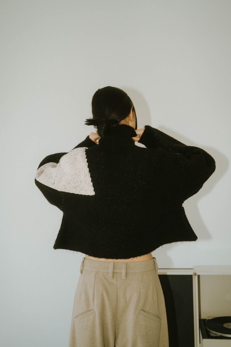 half zip bicolor knit/blackivory
