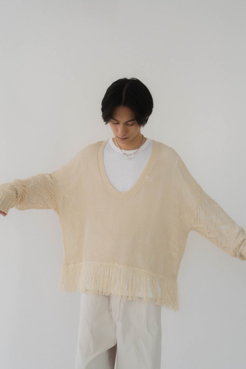 Uneck fringe mesh knit/ beige | KNUTH MARF