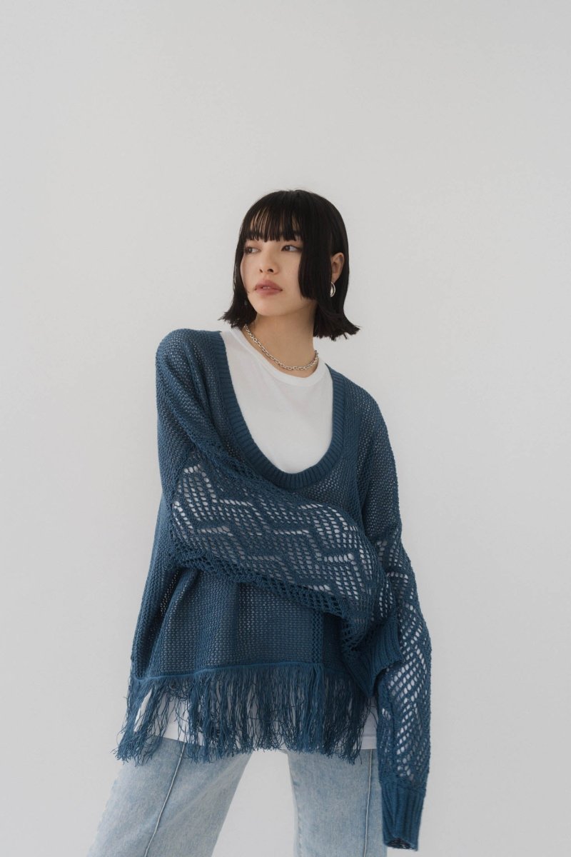 Uneck fringe mesh knit/ blue - KNUTH MARF